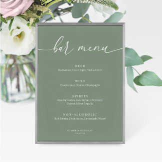 Sage Green Modern Elegant Wedding Bar Menu Sign