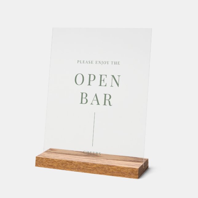 Sage Green Modern Elegant Wedding Open Bar Acrylic Sign (Angle)