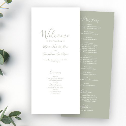 Sage Green Modern Elegant Wedding Program Card