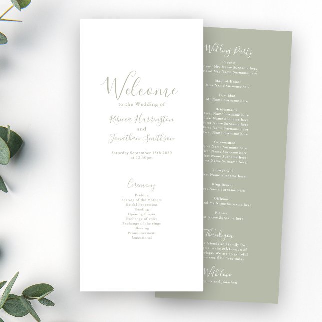 Sage Green Modern Elegant Wedding Program Card (Creator Uploaded)