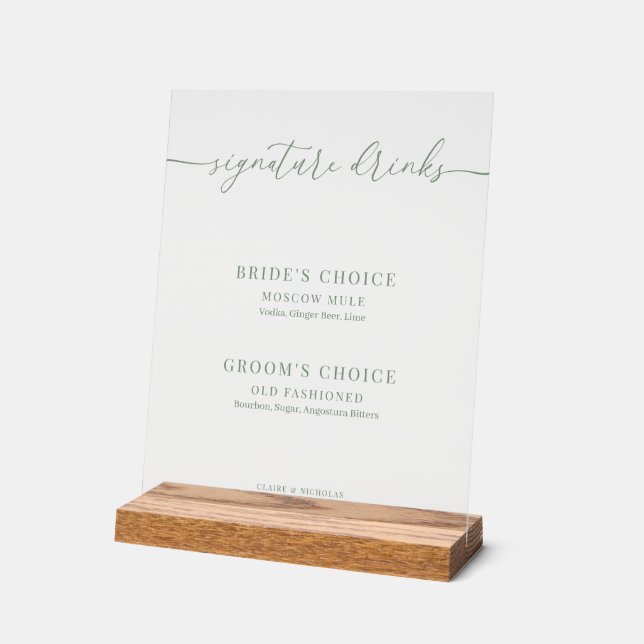 Sage Green Modern Elegant Wedding Signature Drinks Acrylic Sign (Angle)