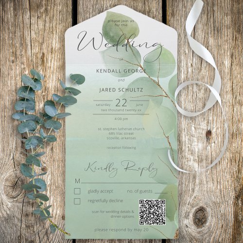 Sage Green Modern Eucalyptus QR Code All In One Invitation