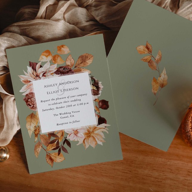 Sage Green Modern fall elegance Autumn floral Invitation (Sage Green, Modern fall wedding invitations. Autumn elegance watercolor florals.)