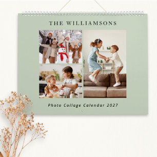Sage Green Modern Family Photo Collage 2027 Calendar