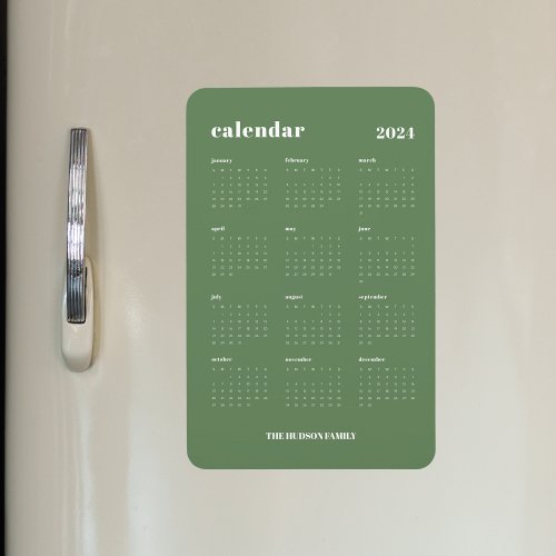 Sage Green Modern Full Year 2024 Calendar Magnet