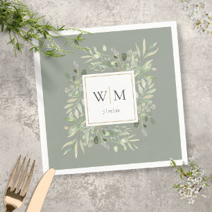 Sage Green Modern Greenery Gold Geometric Monogram Napkins
