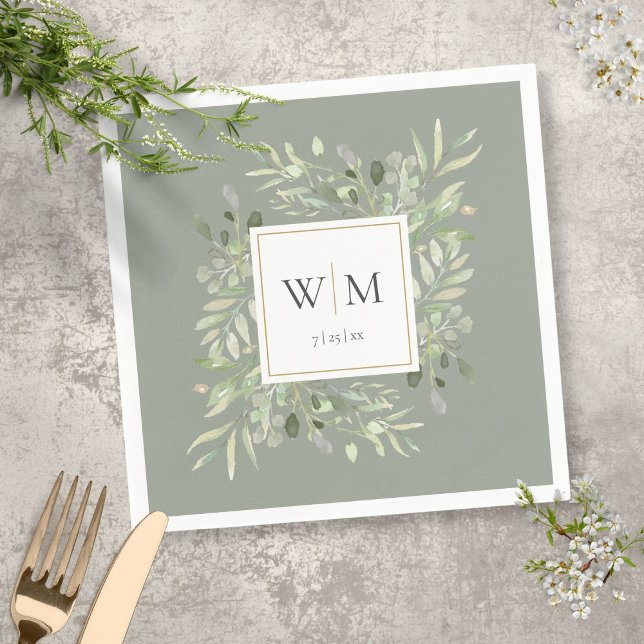 Sage Green Modern Greenery Gold Geometric Monogram Napkins (Creator Uploaded)