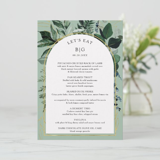 Sage Green Modern Greenery Rehearsal Dinner Menu (Standing Front)