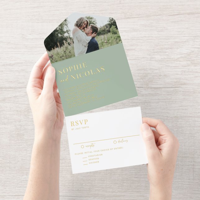Sage Green Modern Handwritting Photo Wedding All In One Invitation (Tearaway)