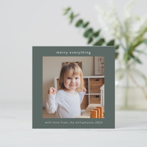 Sage Green Modern Merry Everything 2 Photo Square Holiday Card