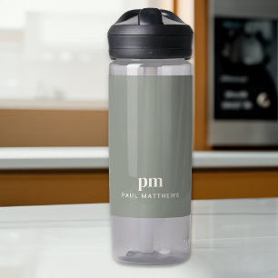 Sage Green Modern Minimal Custom Monogram and Name Water Bottle