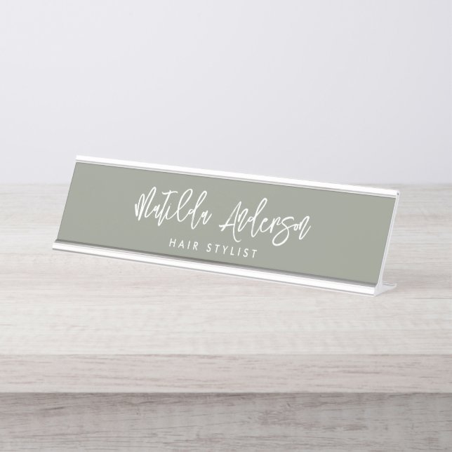 Sage green modern minimal elegant script  desk name plate (Front)