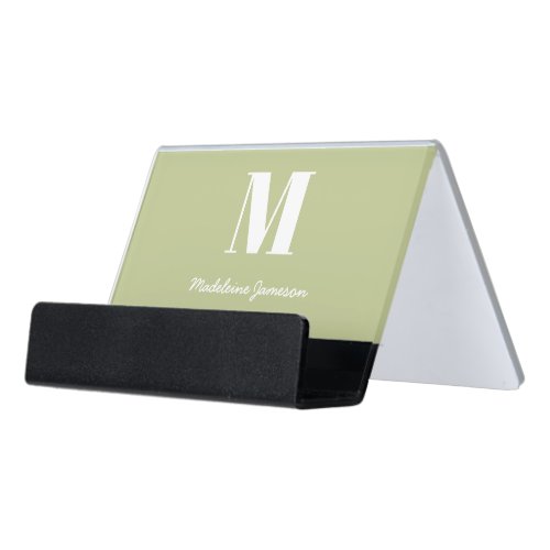 Sage Green Modern Minimal Monogram Initial Desk Business Card Holder