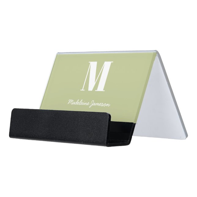 Sage Green Modern Minimal Monogram Initial Desk Business Card Holder (Angled Front)