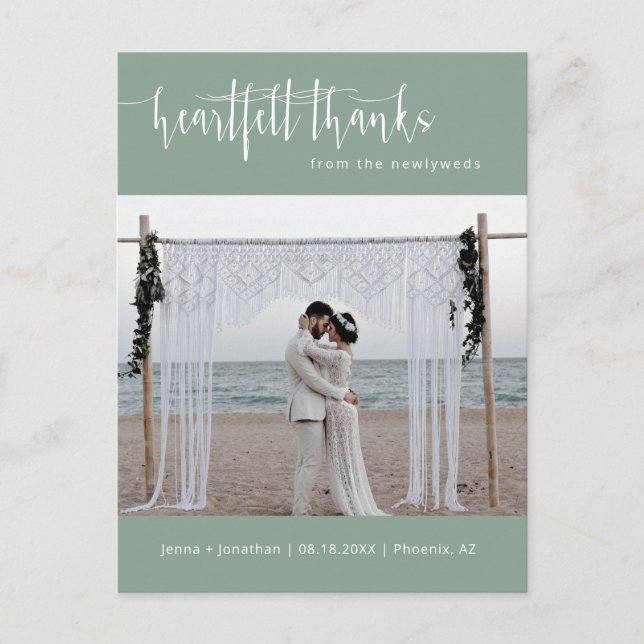 Sage Green Modern Minimal Wedding Photo Thank You Postcard (Front)