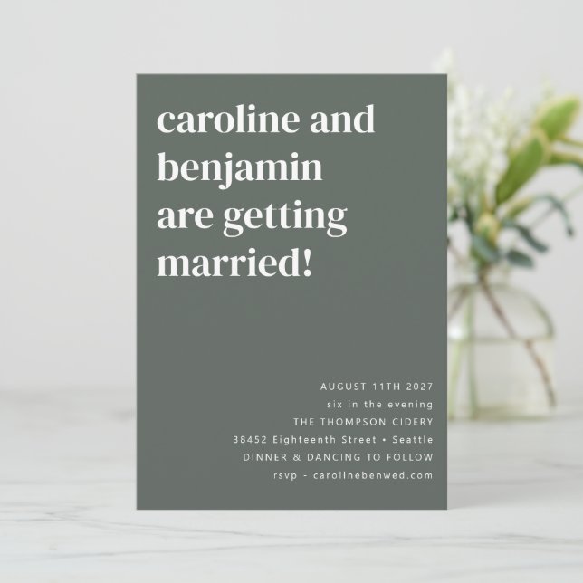 Sage Green Modern Minimalist All in One Wedding Invitation (Standing Front)