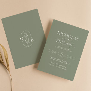 Sage Green Modern Minimalist Boho Wedding Monogram Invitation