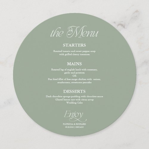 Sage Green Modern Minimalist Circle Wedding Menu
