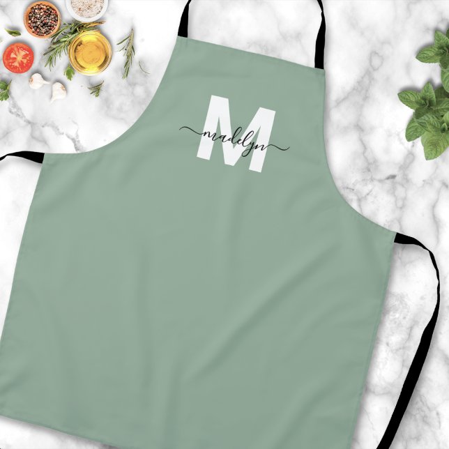 Sage Green Modern Minimalist Elegant Monogram Apron (Sage Green Modern Minimalist Elegant Monogram Apron)