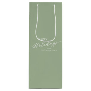 Sage Green Modern Minimalist Happy Holidays Wine Gift Bag