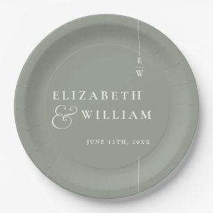 Sage Green Modern Minimalist Monogram Wedding Paper Plates