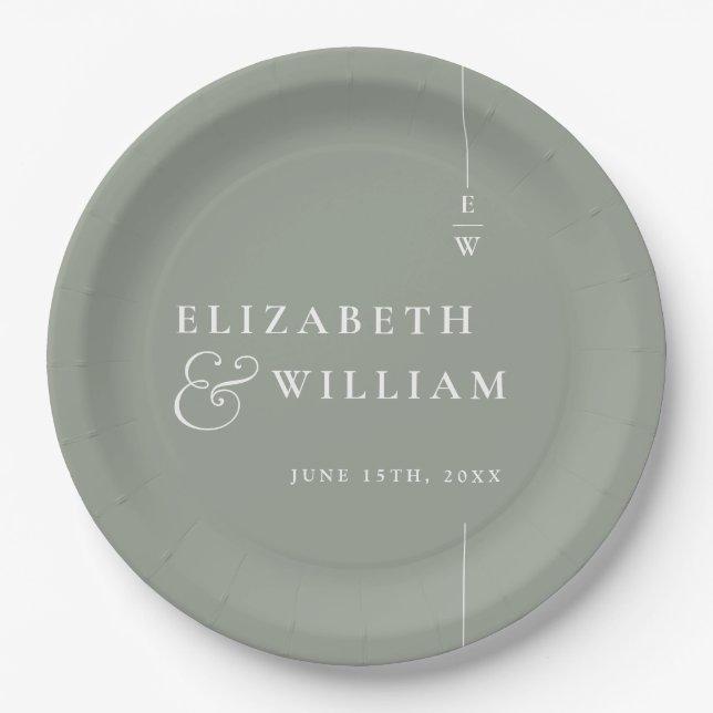 Sage Green Modern Minimalist Monogram Wedding Paper Plates (Front)
