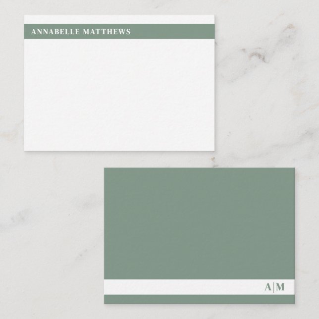 Sage Green Modern Minimalist Name Monogram Note Card (Front/Back)