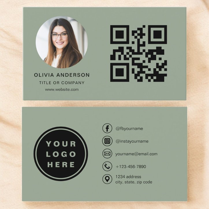 Sage Green Modern Minimalist Photo With QR Code Business Card