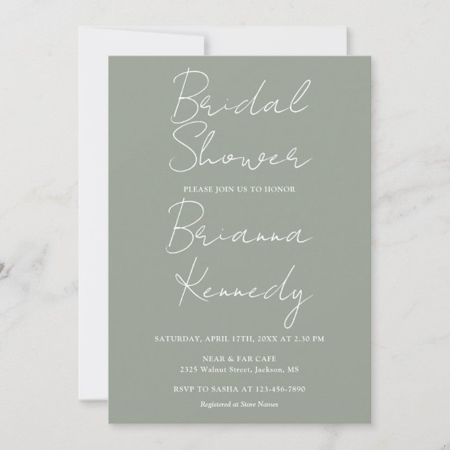 Sage Green Modern Minimalist Script Bridal Shower Invitation (Front)