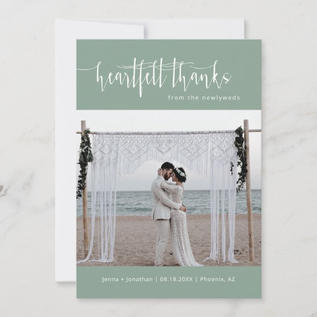 Sage Green Modern Minimalist Wedding Photo Flat Thank You Card (Front)