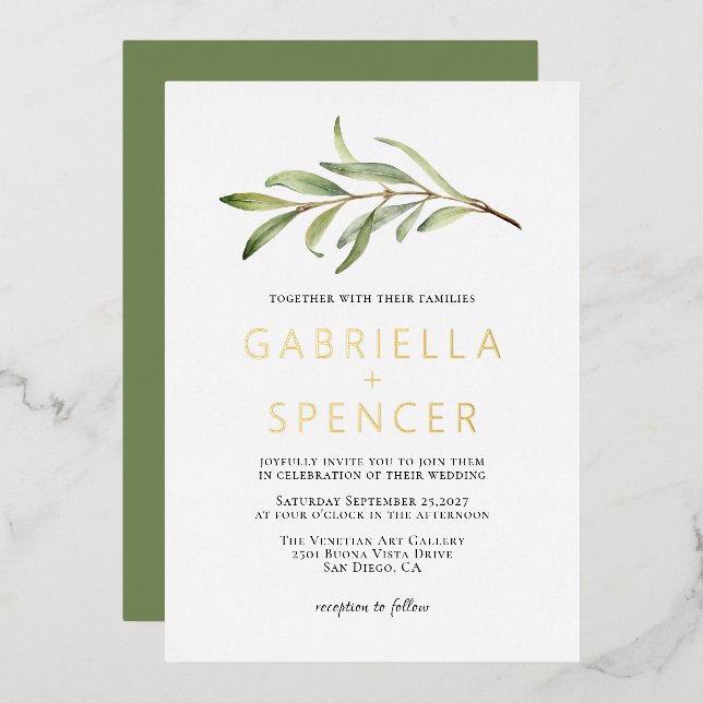 Sage Green Modern Olive Branch Wedding Gold Foil Invitation (Front/Back)
