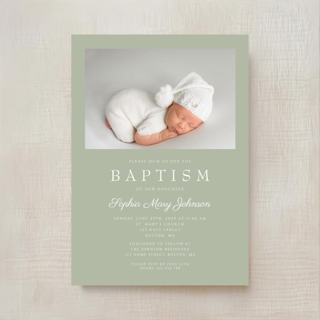 Sage Green Modern Photo Baptism Invitation (Sage Green Modern Photo Baptism Invitation)