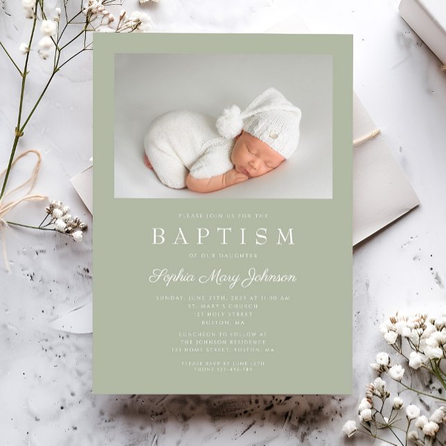 Sage Green Modern Photo Baptism Invitation (Sage Green Modern Photo Baptism Invitation)