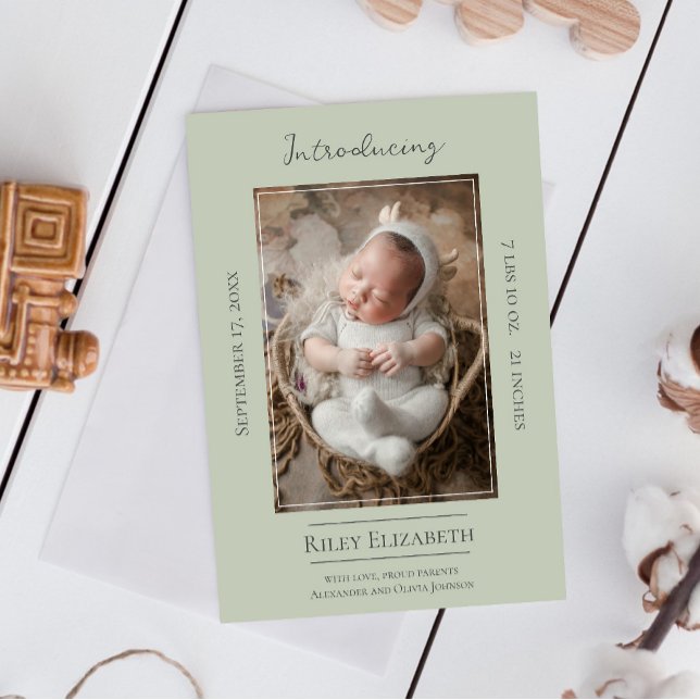 Sage Green Modern Photo Birth Announcement (Sage Green Modern Photo Birth Announcement)