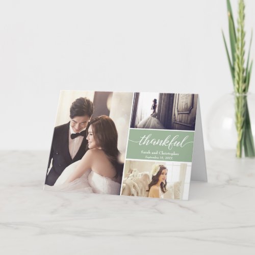 Sage green Modern Photo Collage Wedding Thankful Card