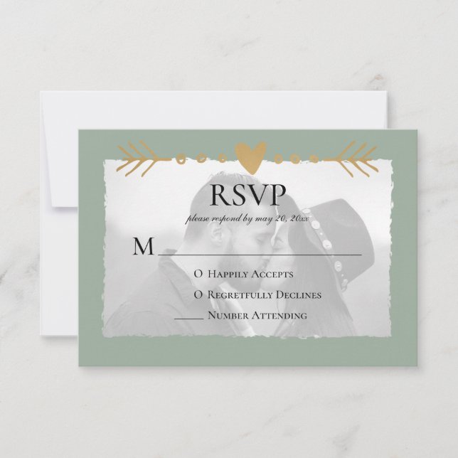 Sage Green Modern Photo Gold Hearts RSVP Card (Front)