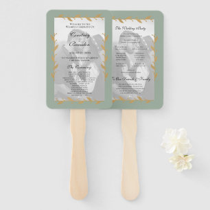 Sage Green Modern Photo Gold Leaf Wedding Program Hand Fan