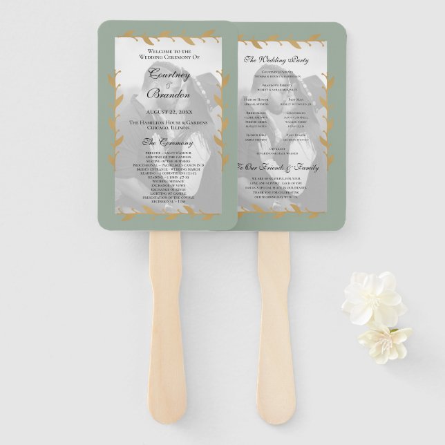 Sage Green Modern Photo Gold Leaf Wedding Program Hand Fan (Front and Back)