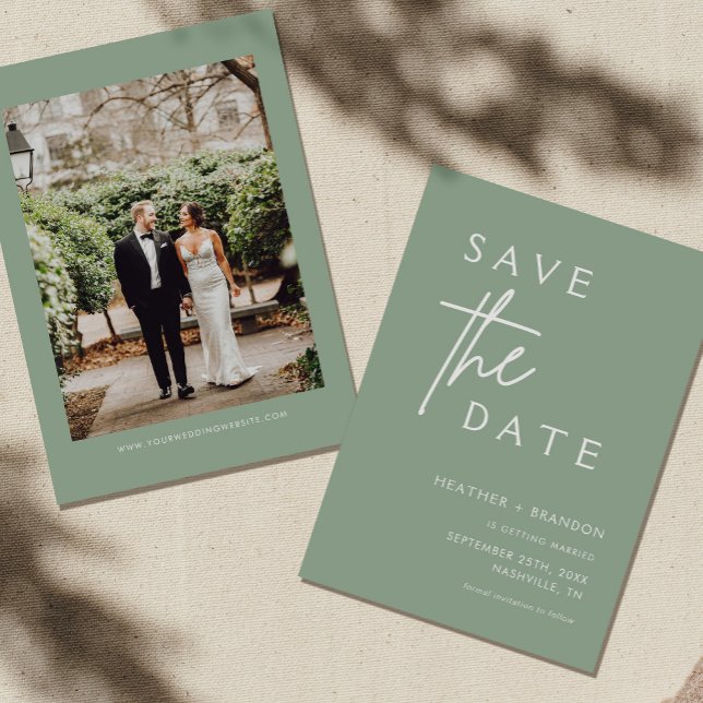 Sage Green Modern Photo Save the Dates Invitations (Creator Uploaded)