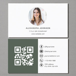 Sage Green Modern Photo with QR Code Social Media Business Card