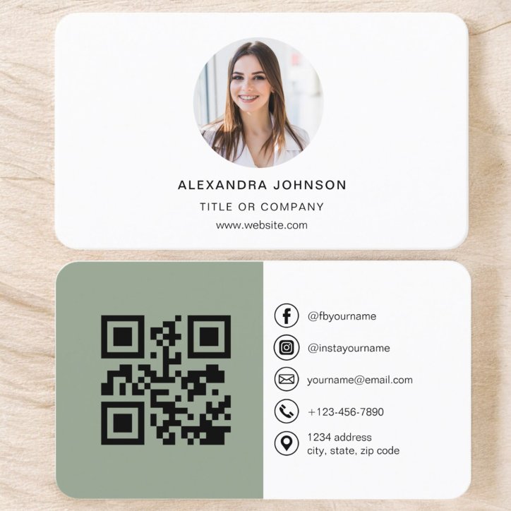 Sage Green Modern Photo With QR Code Social Media Business Card