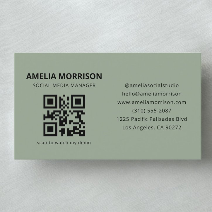 Sage Green Modern QR Code Minimalist Professional Business Card
