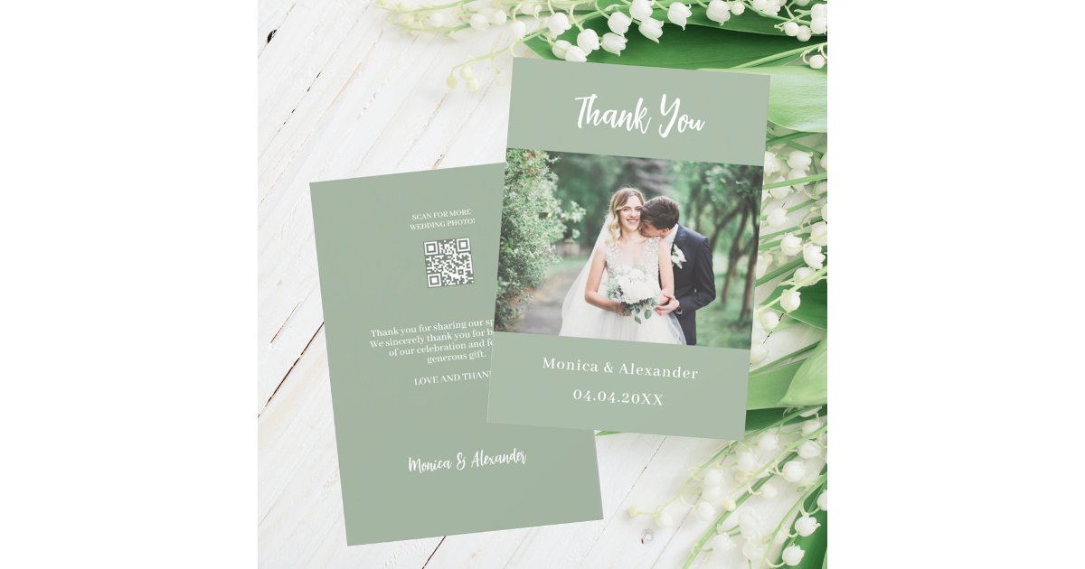 Sage green modern QR wedding photo thank you card | Zazzle