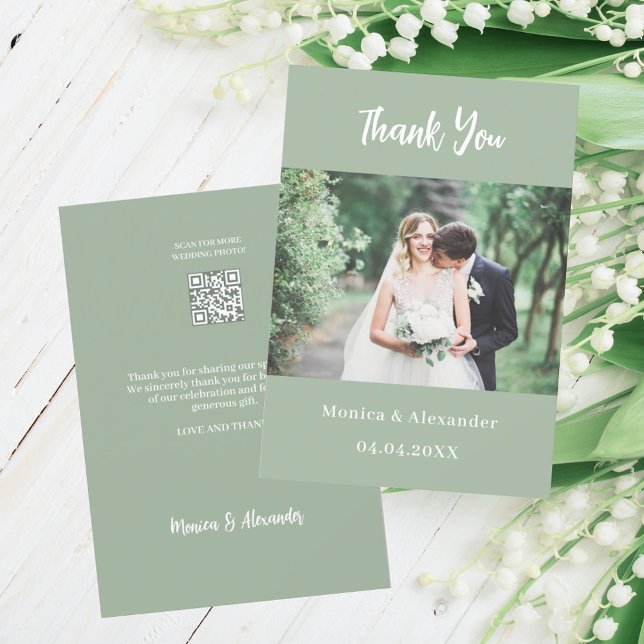 Sage green modern QR wedding photo thank you card (Creator Uploaded)