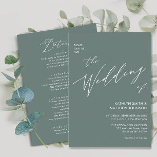 Sage Green Modern Script All In One Simple Wedding Invitation