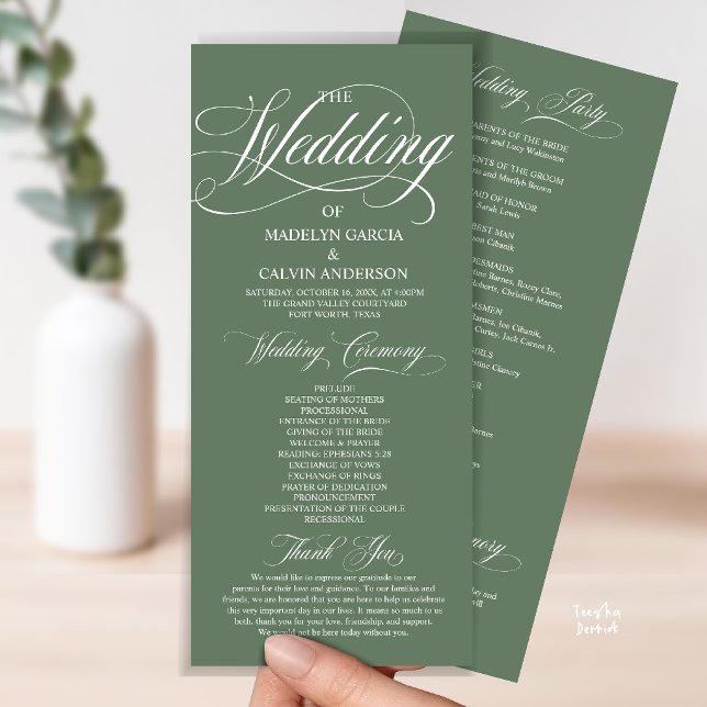 Sage Green Modern Script All In One Wedding Program (Modern Script All In One Wedding Program Card in Sage Green)