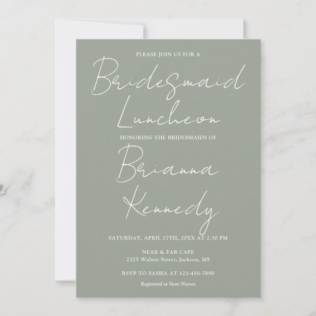 Sage Green Modern Script Bridesmaids Luncheon Invitation (Front)