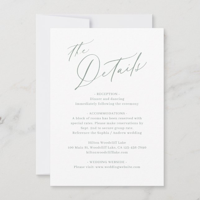 Sage Green modern script minimal wedding details Note Card (Front)