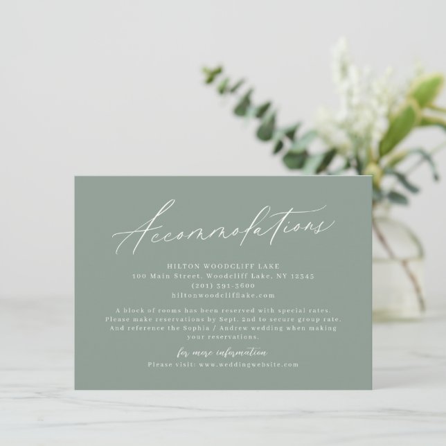 Sage Green modern script minimalist accommodation Note Card (Standing Front)