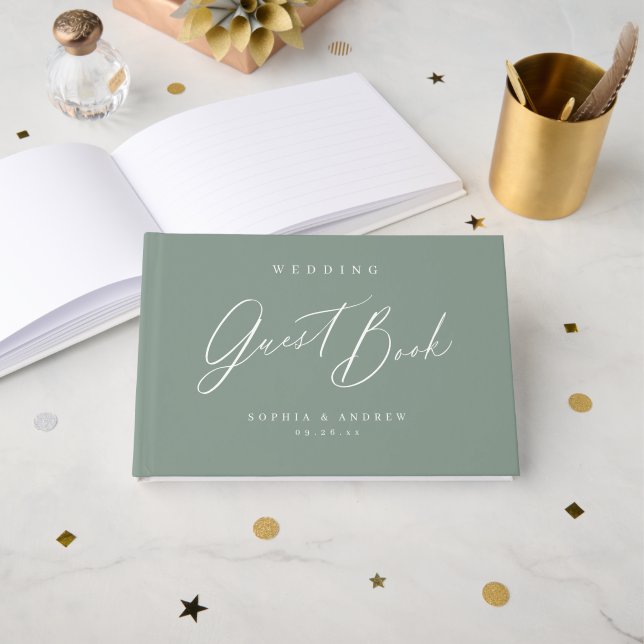 Sage Green modern script minimalist wedding Guest Book (Front Open)